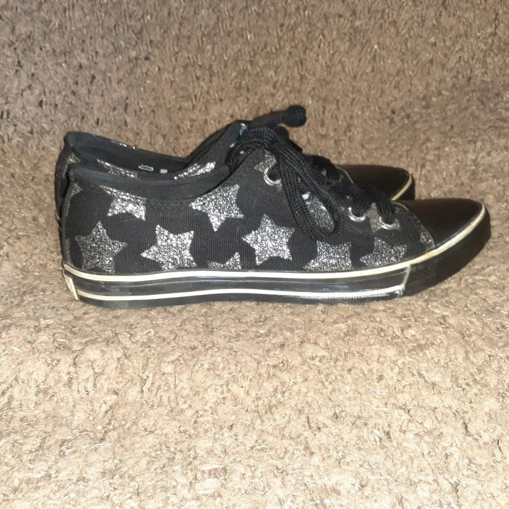 UNDERGROUND ENGLAND-Black/Silver Glitter Stars-Leather Pointed Toe-Sz 5 UK/7 US